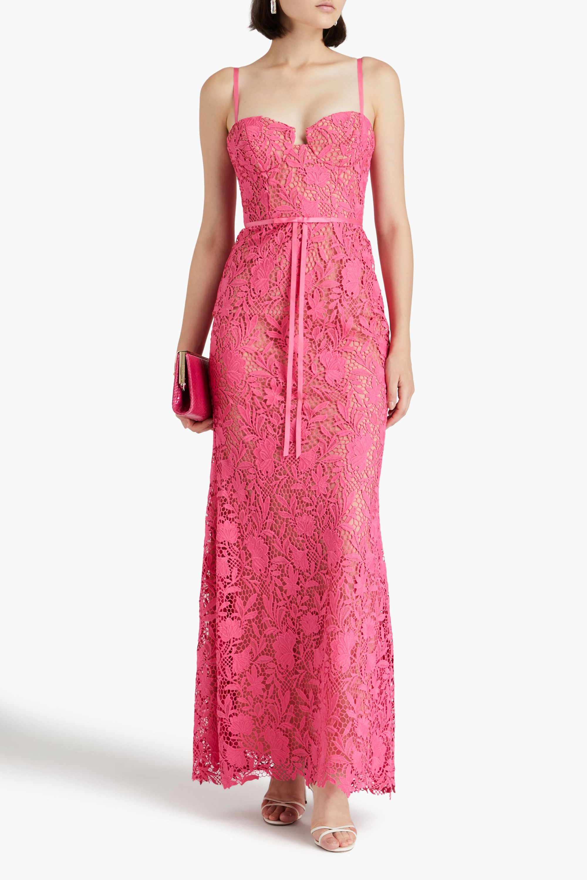 MARCHESA NOTTE Satin-trimmed guipure lace and tulle gown