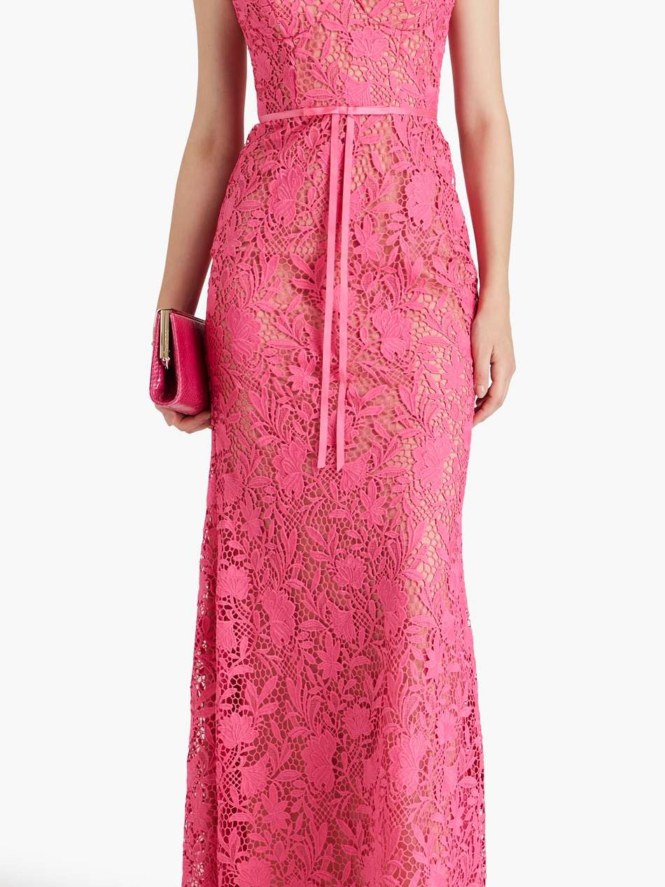 satin-trimmed guipure lace and tulle gown