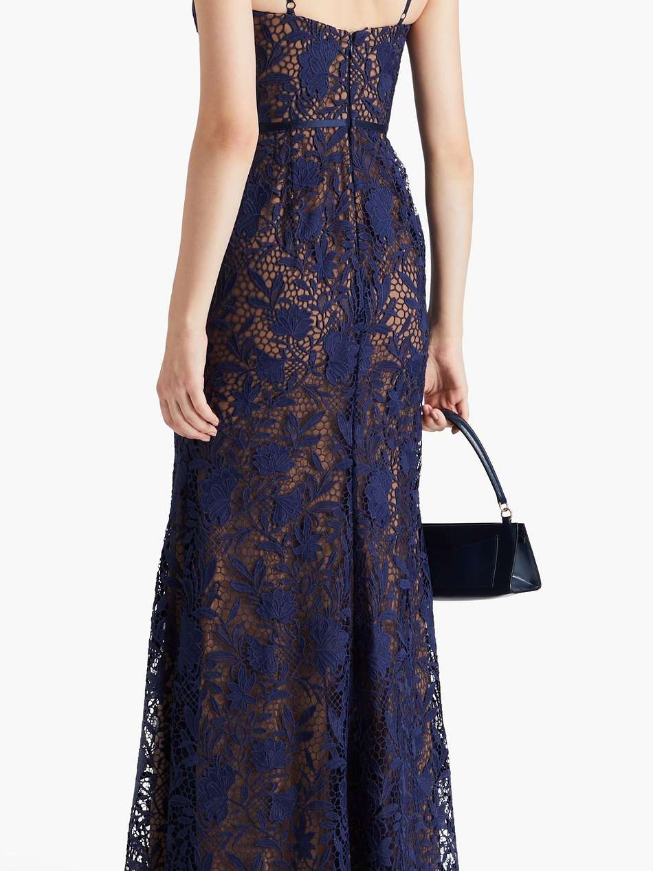 satin-trimmed guipure lace and tulle gown