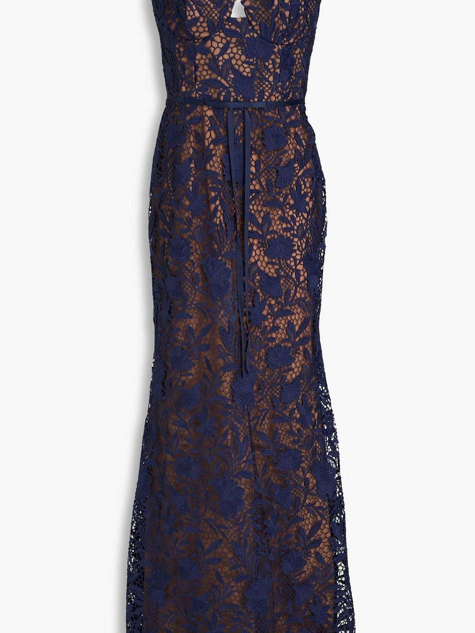 satin-trimmed guipure lace and tulle gown
