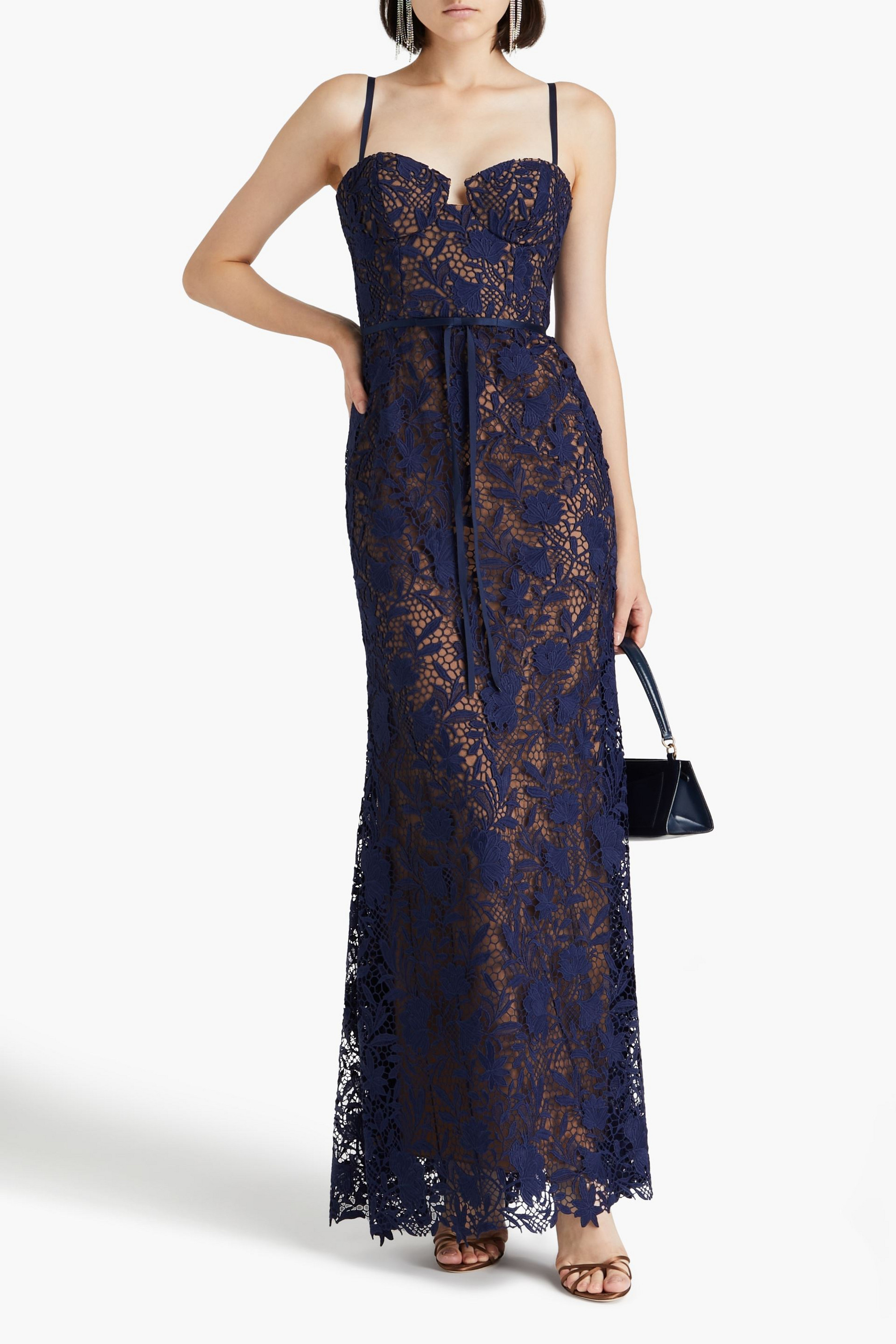 MARCHESA NOTTE Satin-trimmed guipure lace and tulle gown