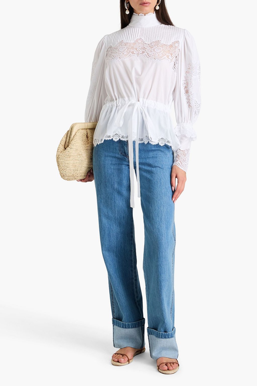 DOLCE&GABBANA Lace-trimmed cotton-poplin blouse