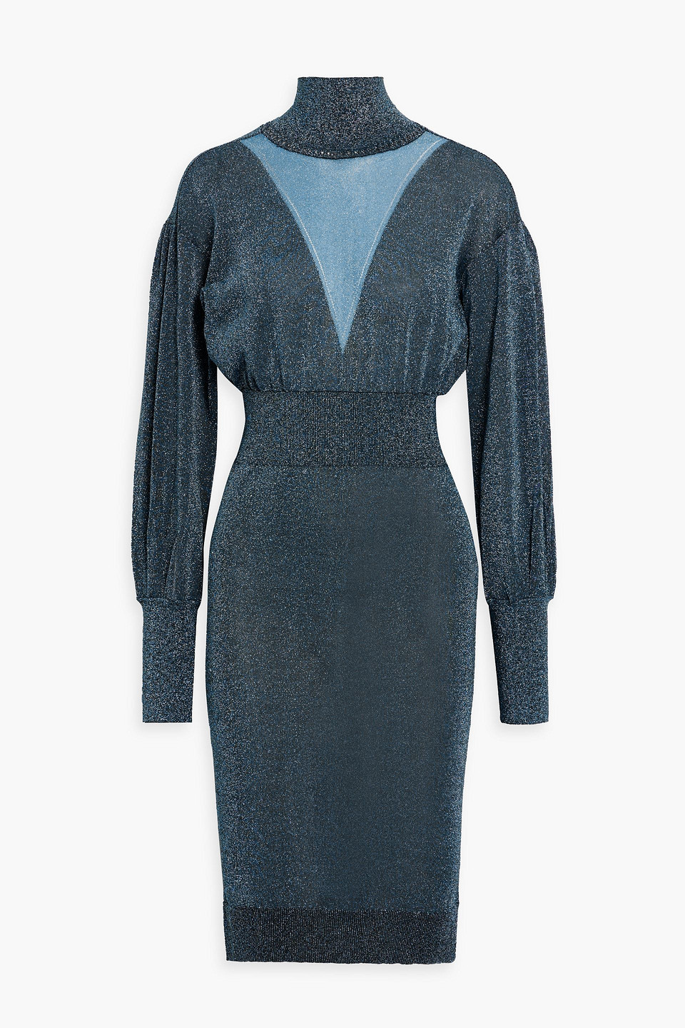 Rabanne Metallic Stretch-knit Turtleneck Dress In Slate Blue