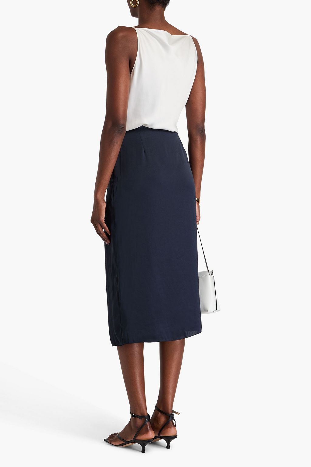 THEORY Wrap-effect crinkled-satin midi skirt