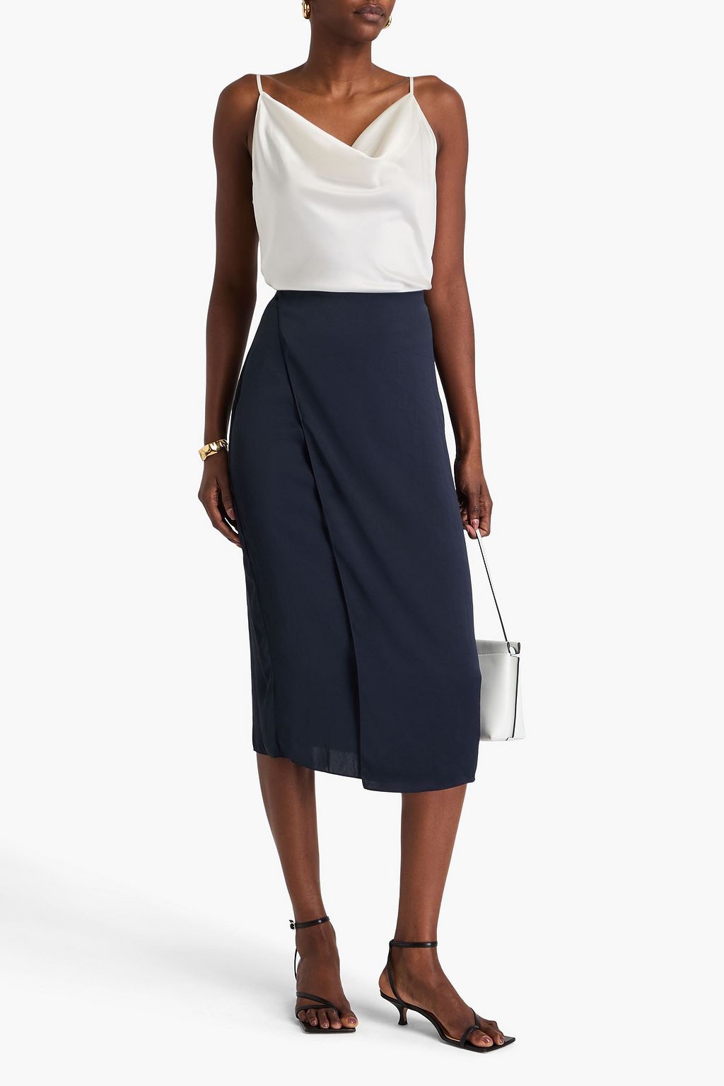 THEORY Wrap-effect crinkled-satin midi skirt