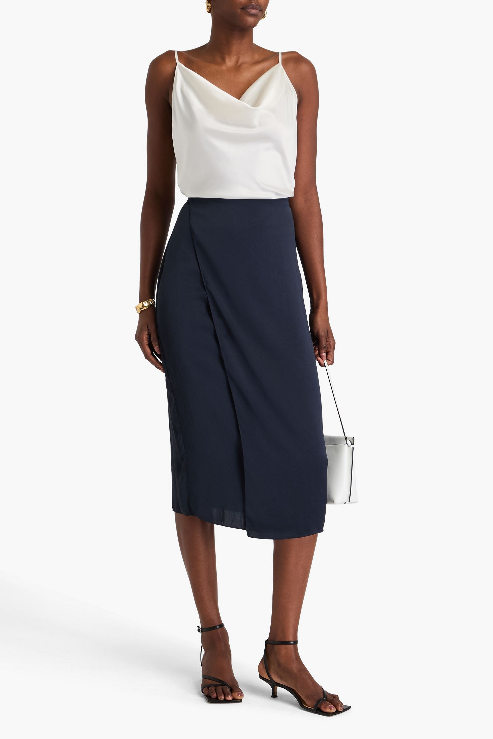 Theory Wrap-effect crinkled-satin midi skirt