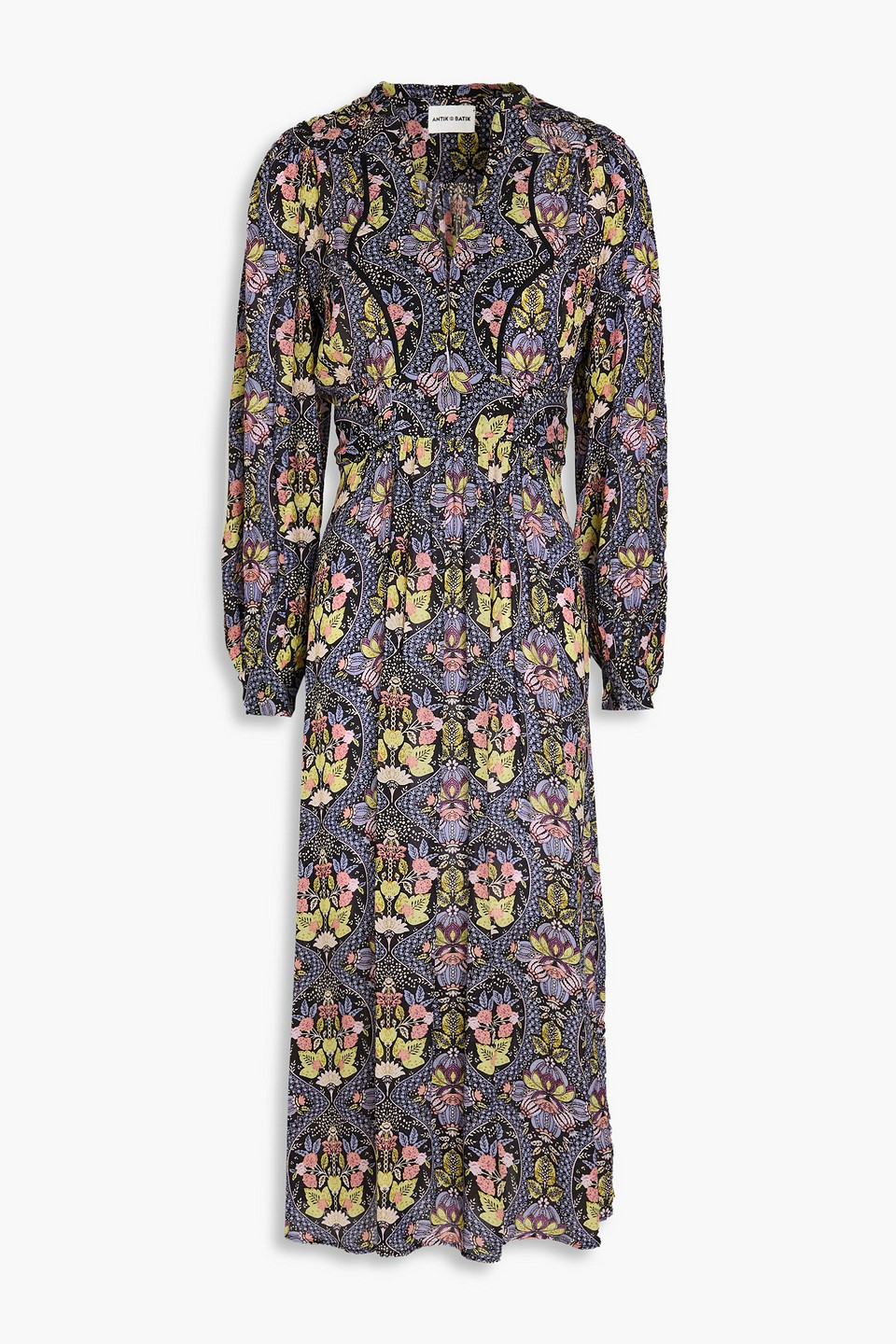 Antik Batik Eros Floral-print Crepe De Chine Midi Dress In Black