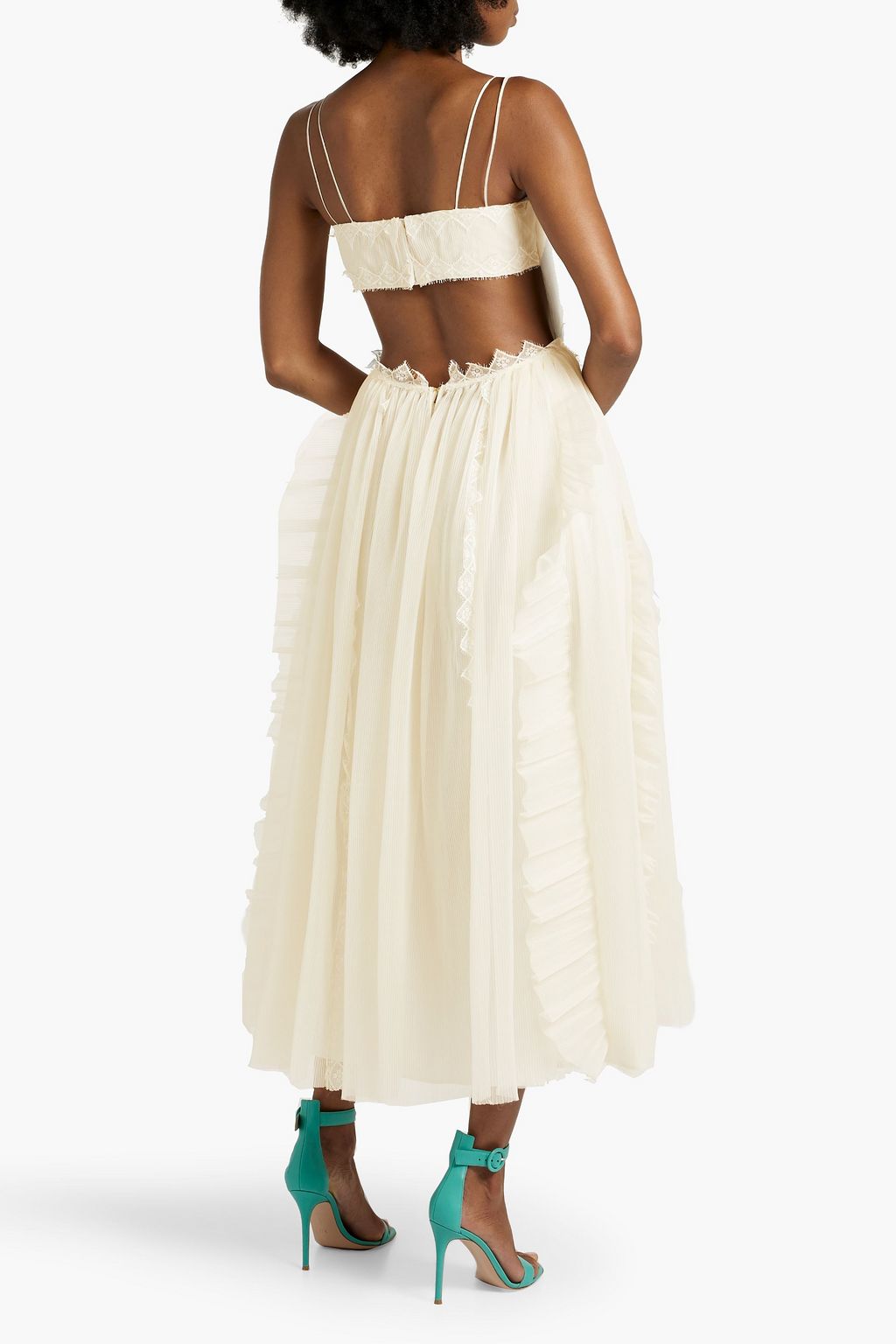 ZUHAIR MURAD Crocheted lace-trimmed ruffled plissé-organza midi dress