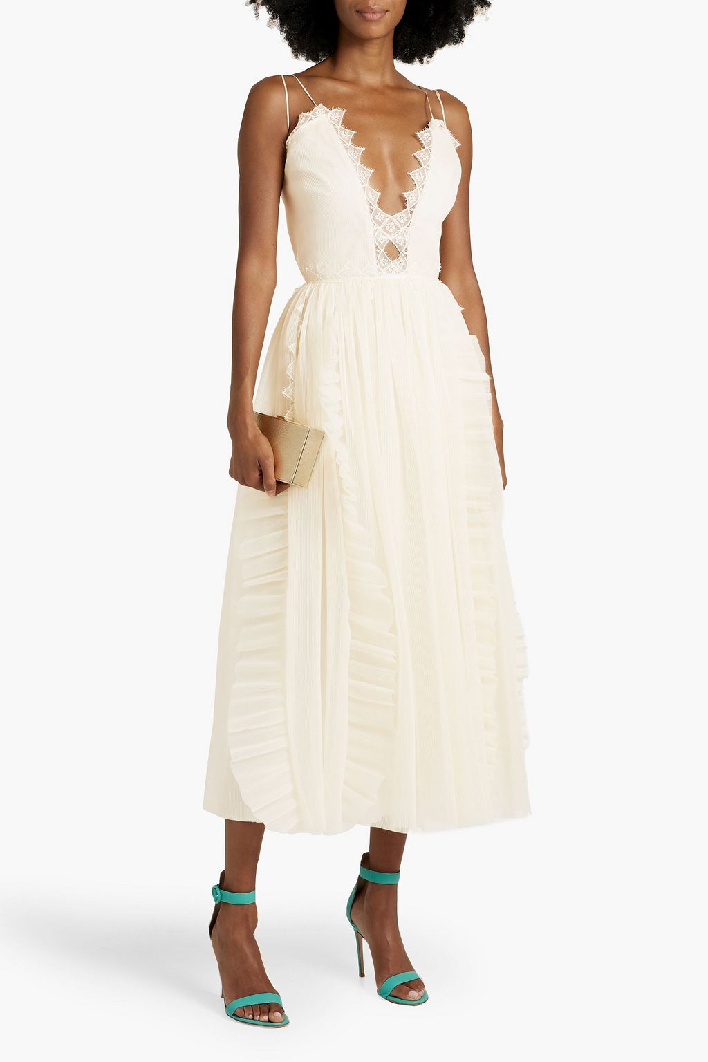 ZUHAIR MURAD Crocheted lace-trimmed ruffled plissé-organza midi dress