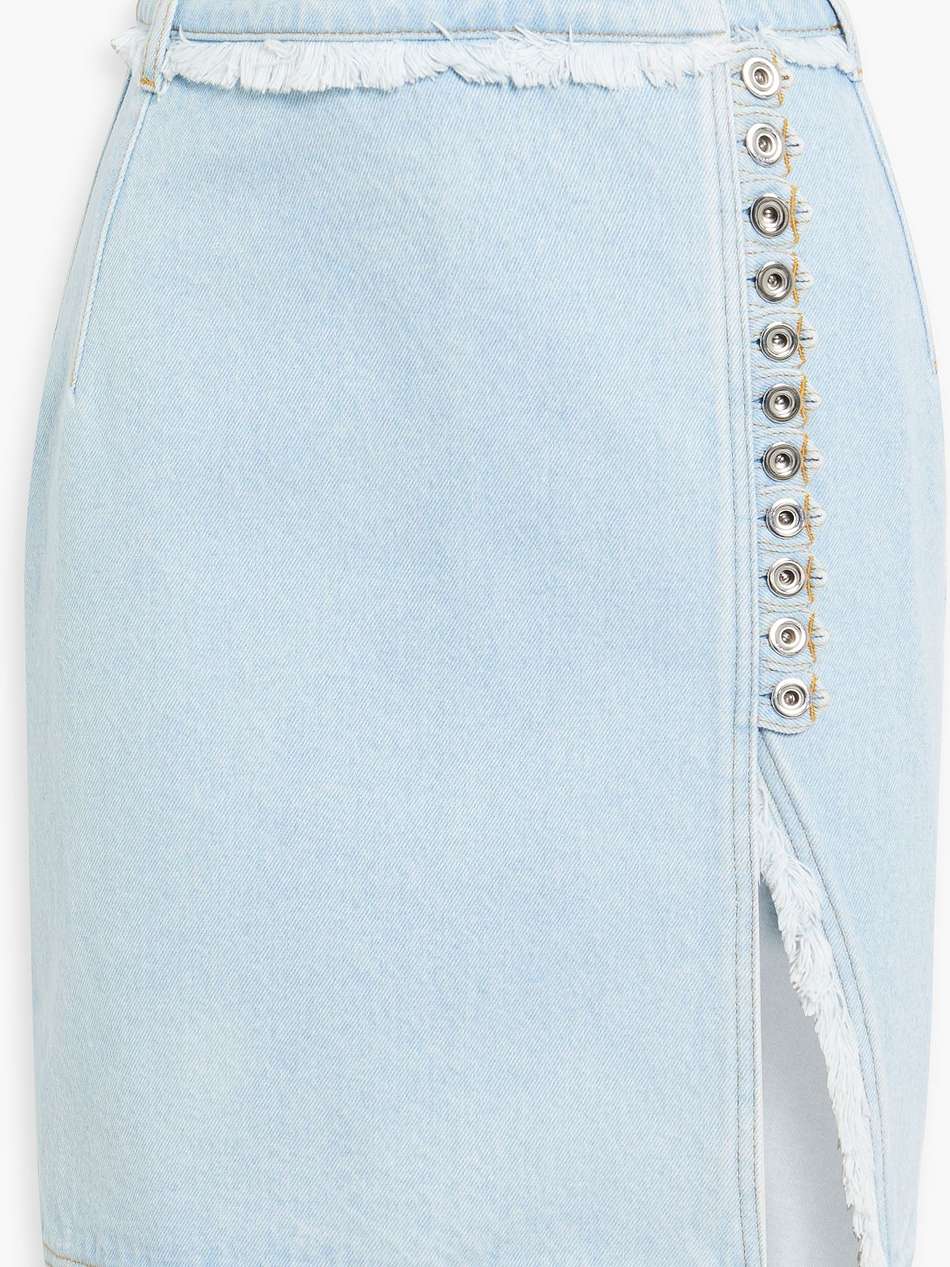 wrap-effect frayed denim mini skirt