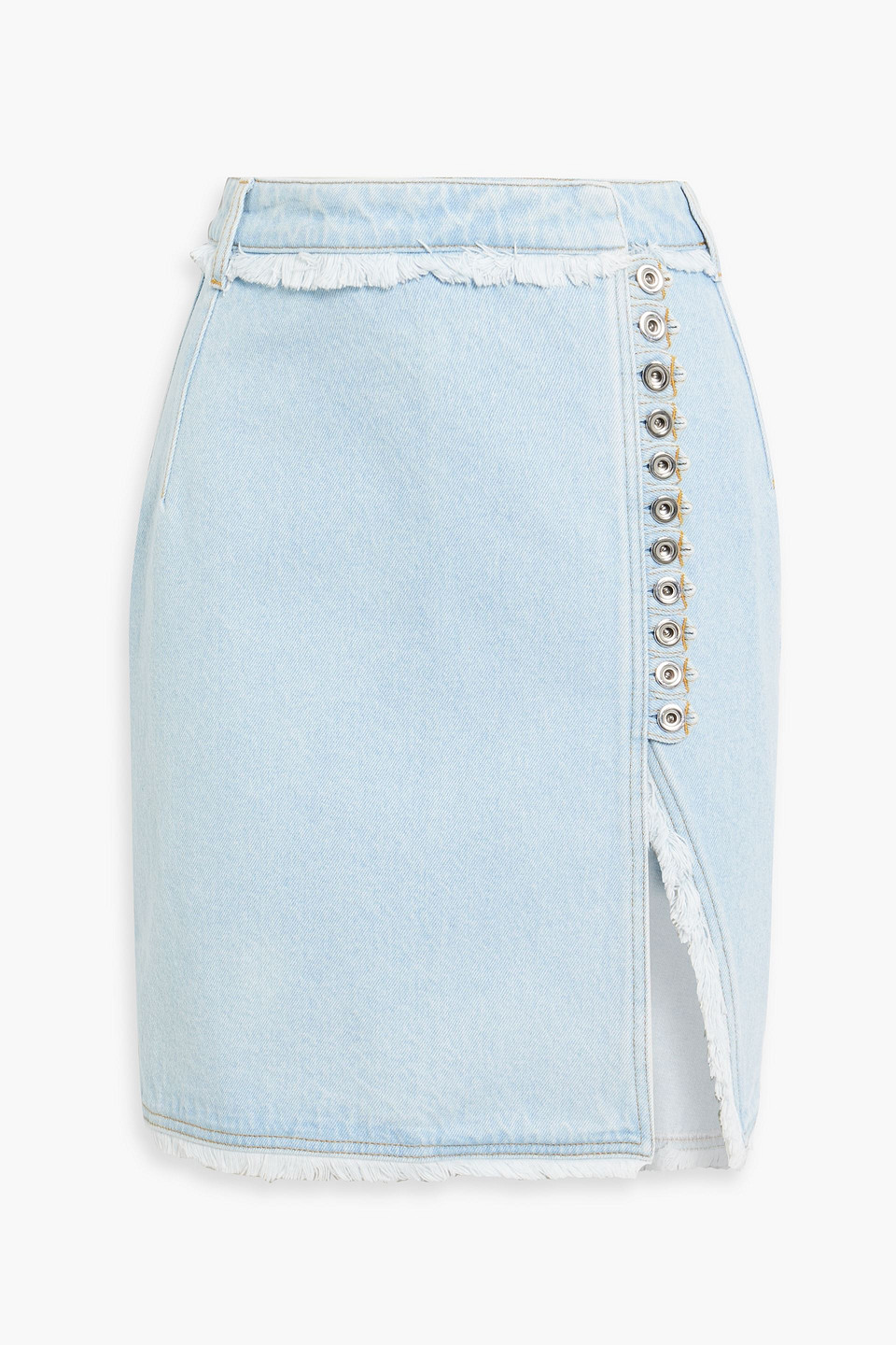 Rabanne Wrap-effect Frayed Denim Mini Skirt In Light Denim