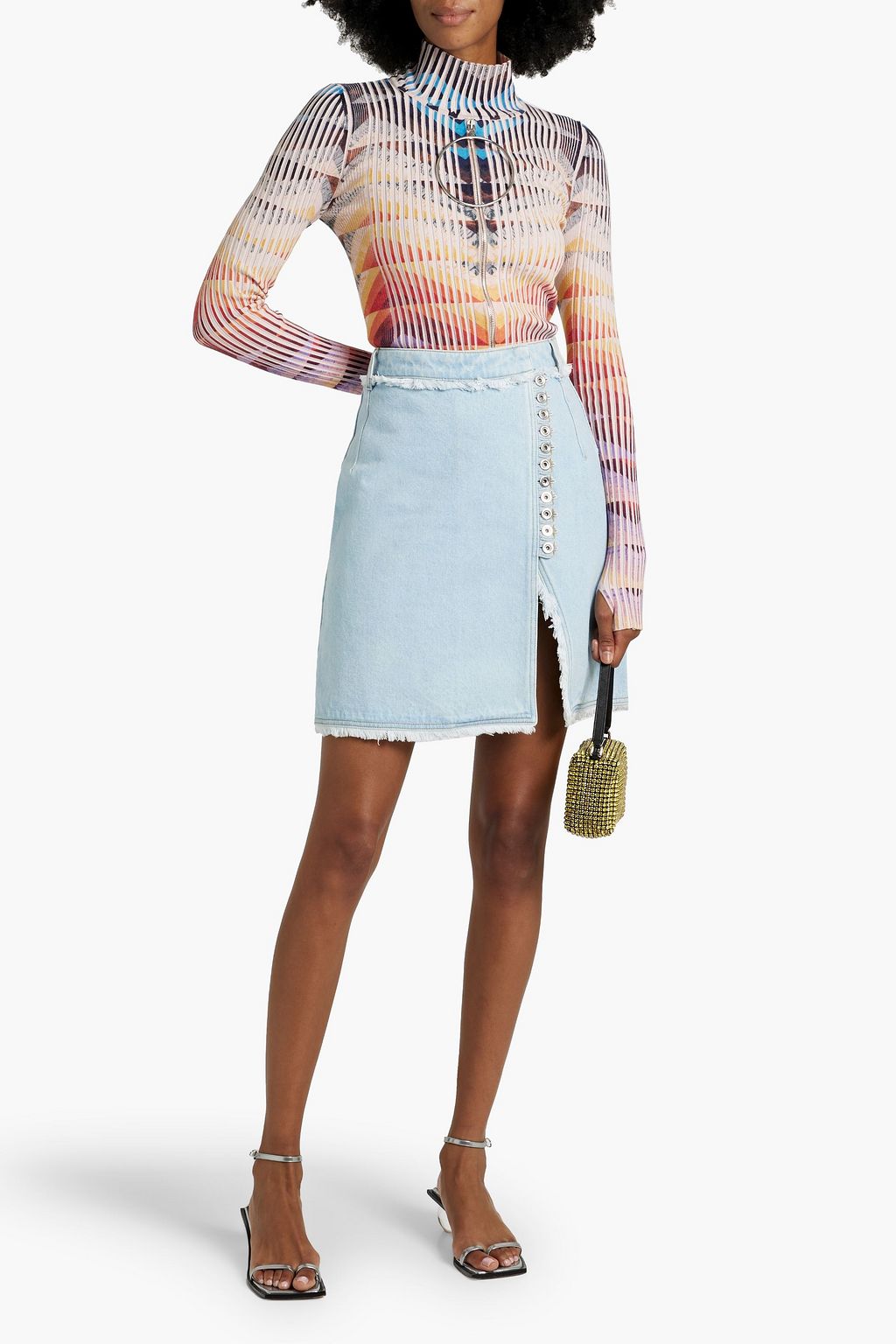 RABANNE Wrap-effect frayed denim mini skirt