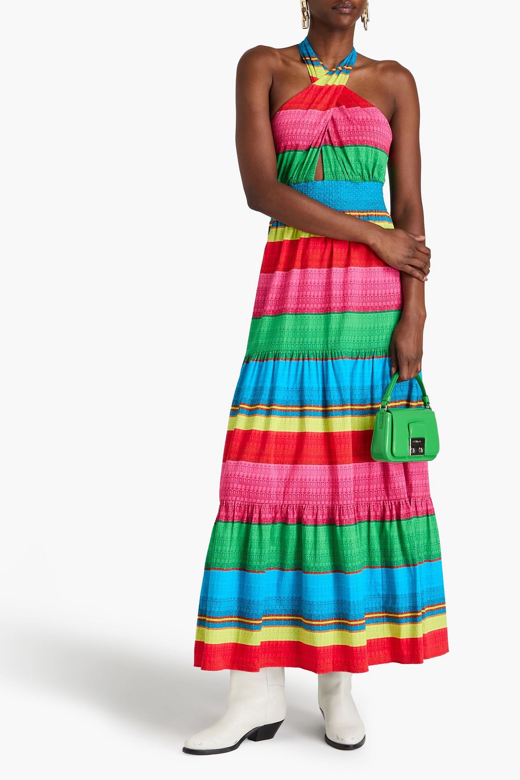 ALICE + OLIVIA فستان طويل «ليندون» بياقة هالتر الدائرية مصنوع من مزيج القطن بتصميم مخطط وبطبقات متدرجة