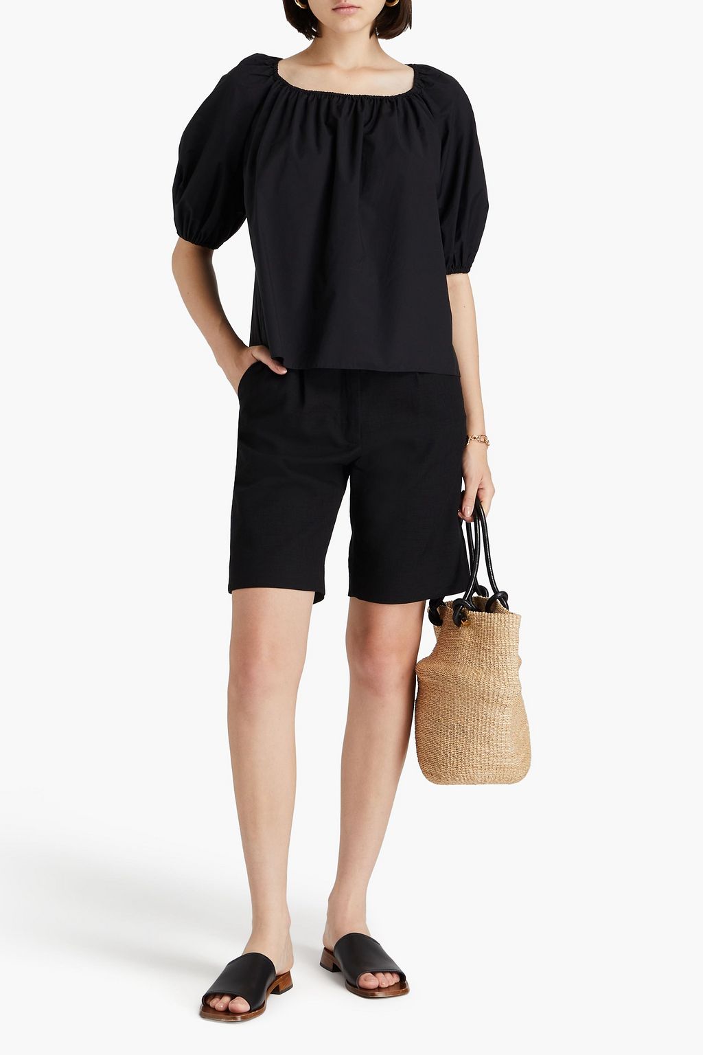 THEORY Gathered cotton-blend poplin top