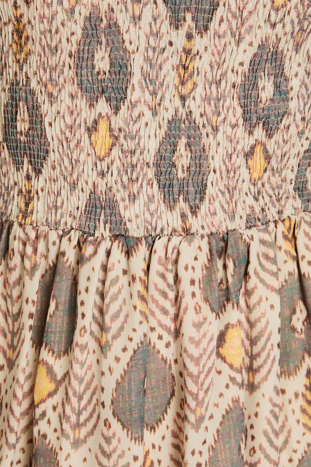 ANTIK BATIK 셔링 장식 프린트 크레이프 드 신 미디 드레스