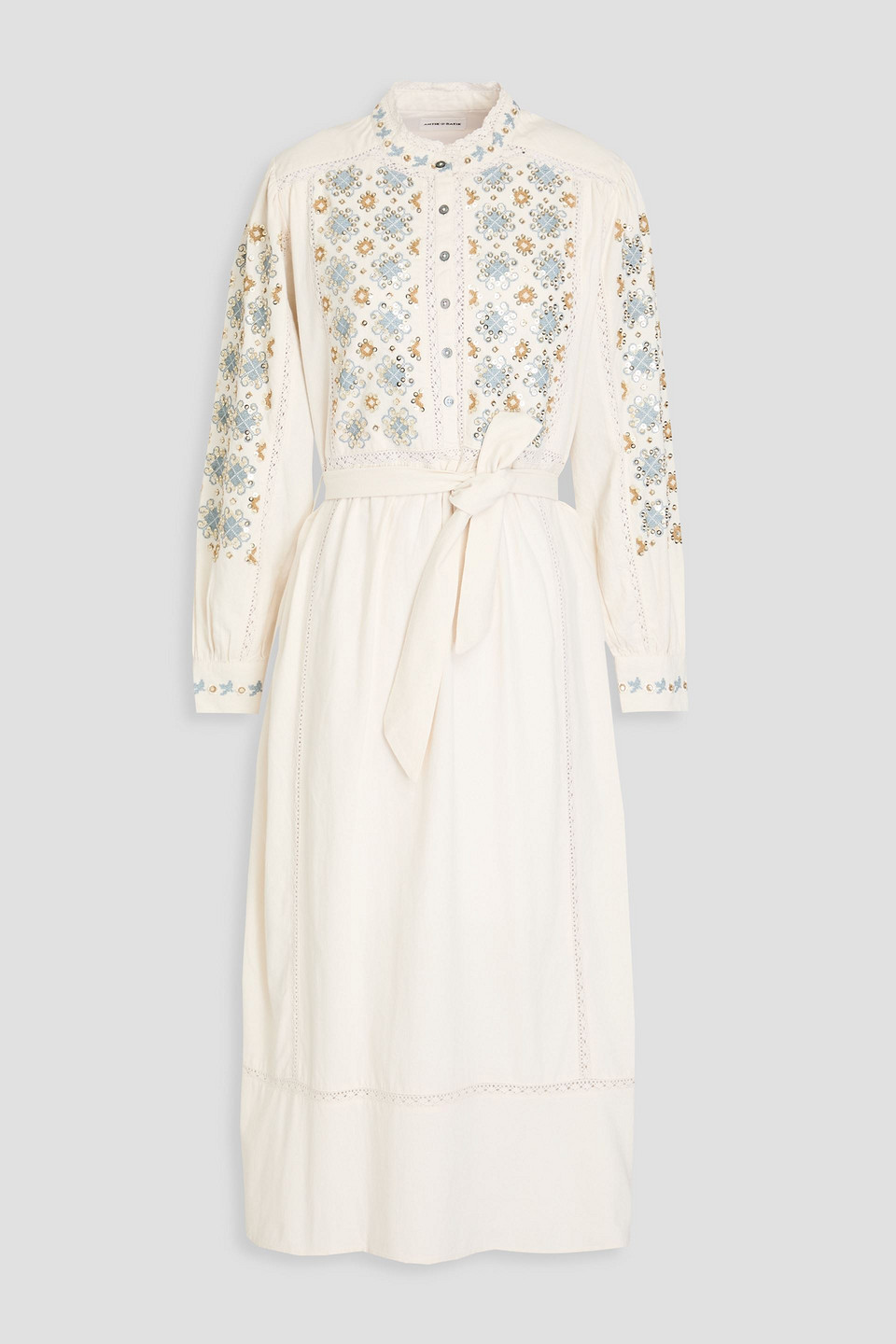 Antik Batik Joana Embellished Cotton Midi Dress In Ecru
