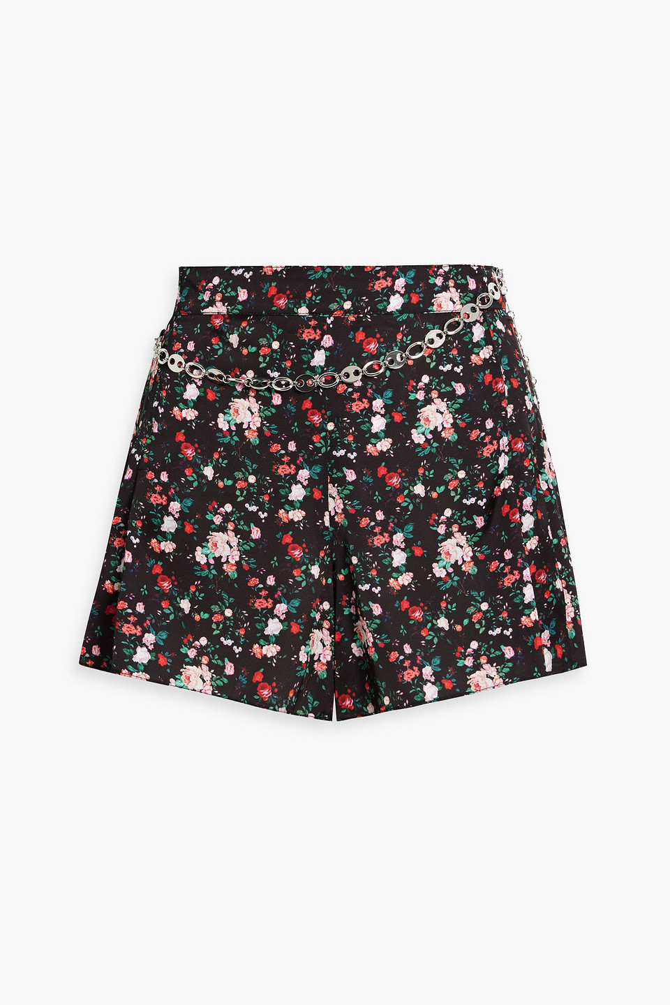 Rabanne Chain-embellished Floral-print Crepe De Chine Shorts In Black