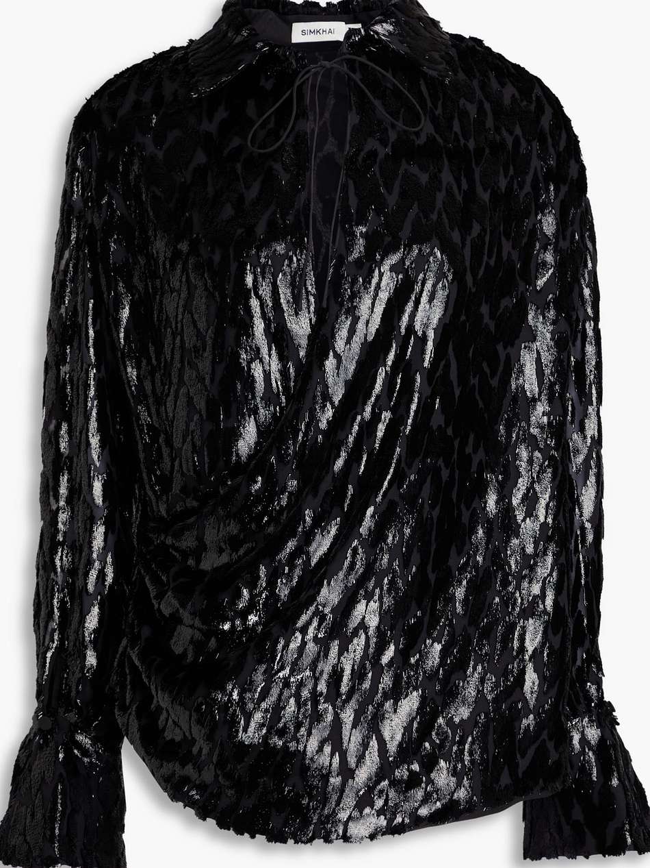 luella wrap-effect metallic fil coupé lurex and silk-blend blouse