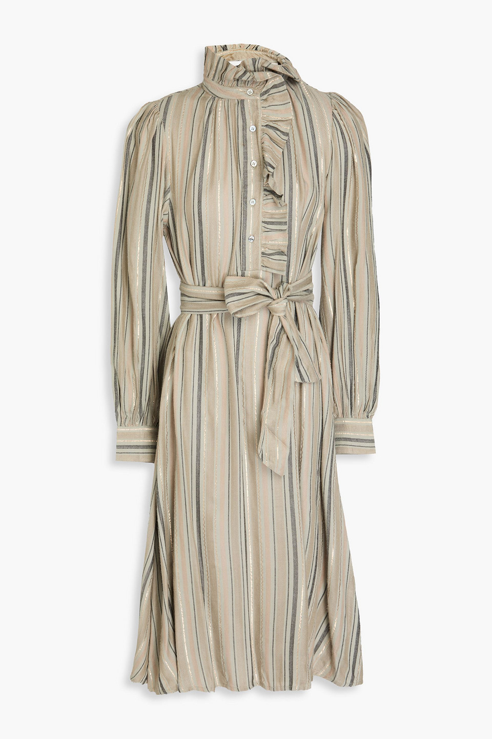 Antik Batik Edward Ruffled Striped Twill Midi Shirt Dress In Grey Green