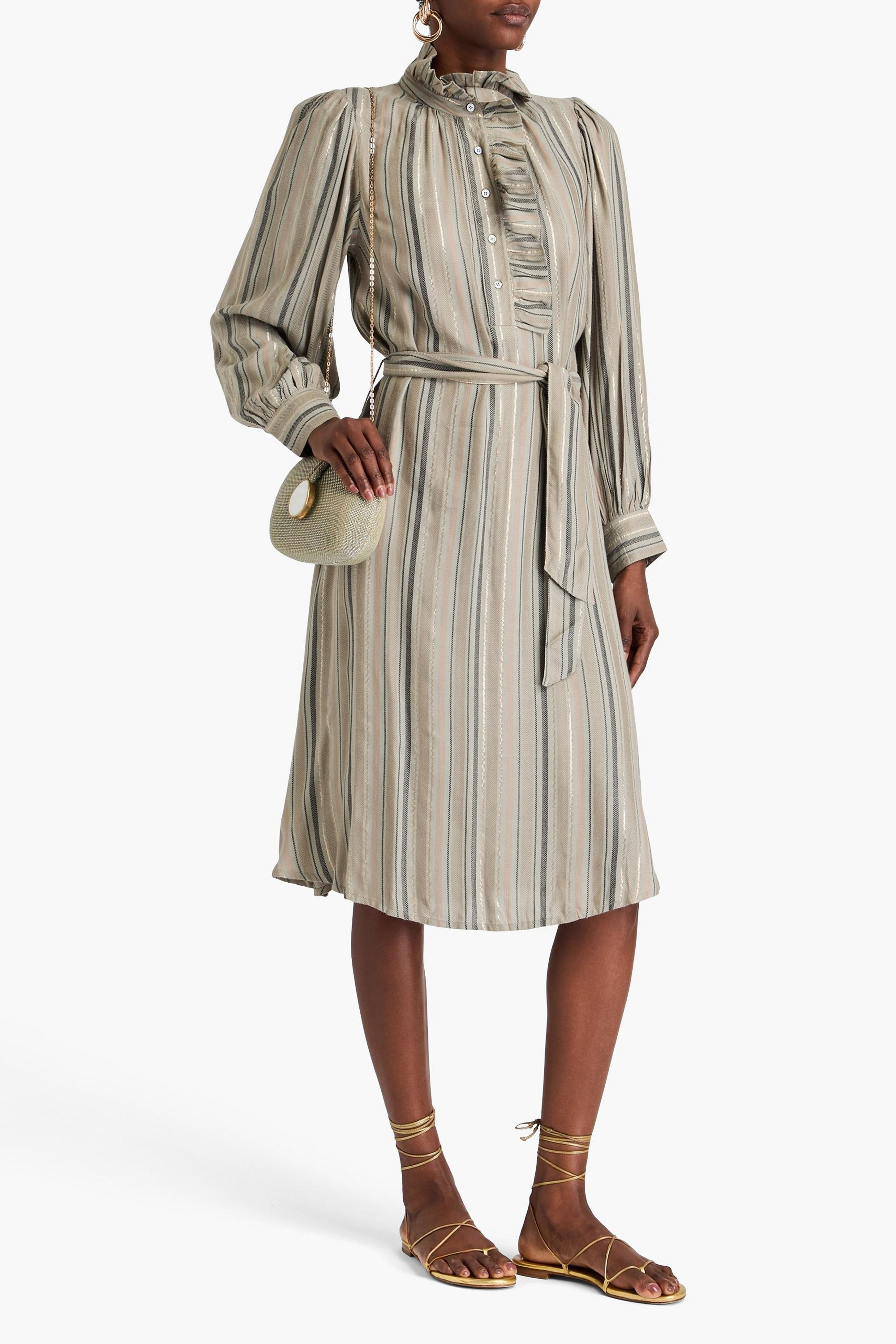 Antik Batik Edward ruffled striped twill midi shirt dress
