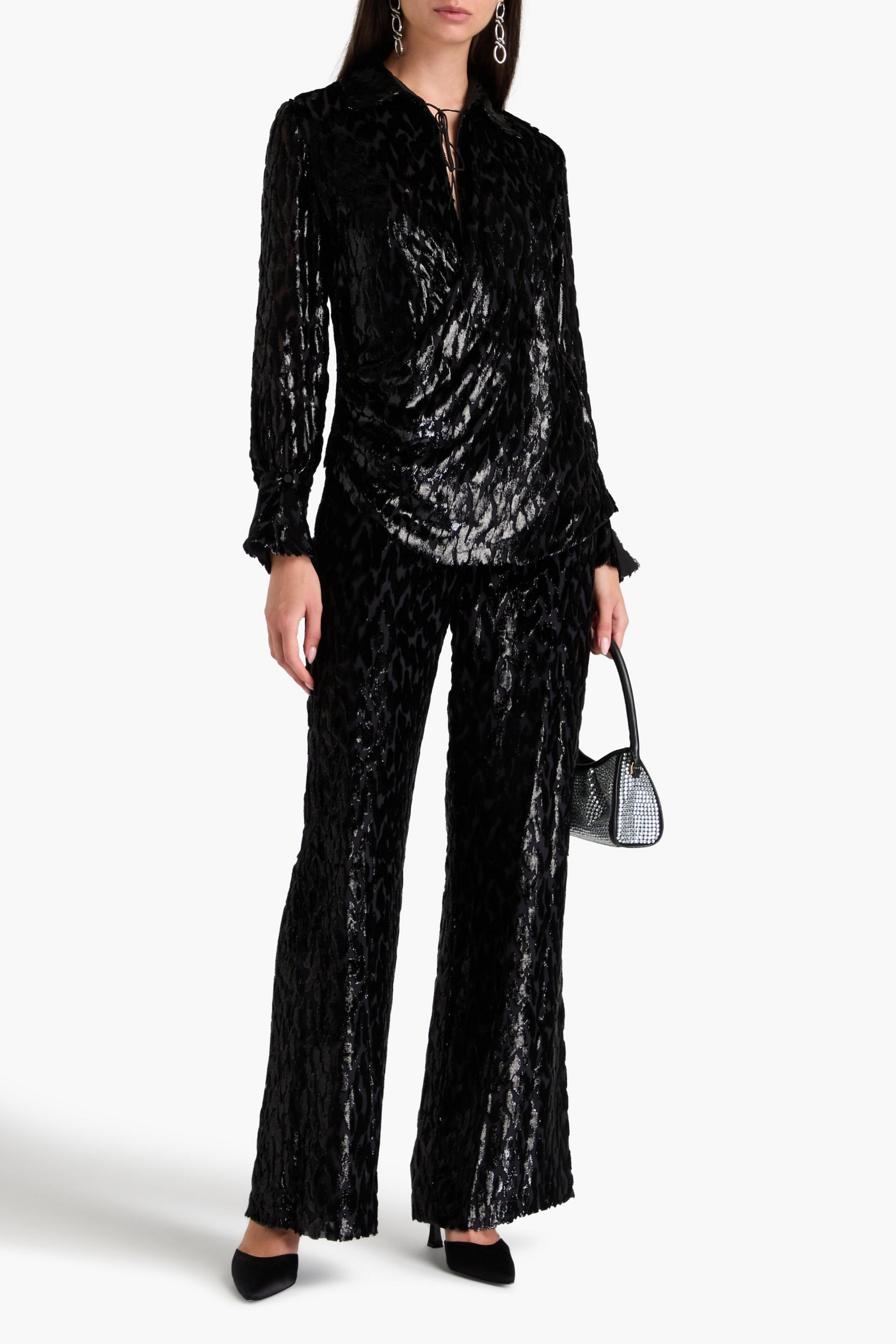SIMKHAI Shivon metallic fil coupé Lurex and silk-blend wide-leg pants