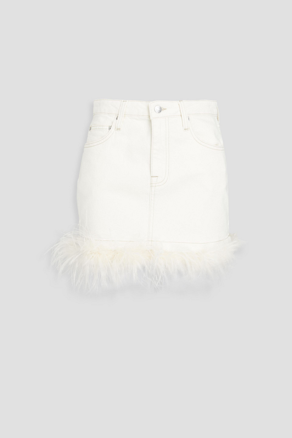 Simkhai Federica Feather-trimmed Denim Mini Skirt In Ivory