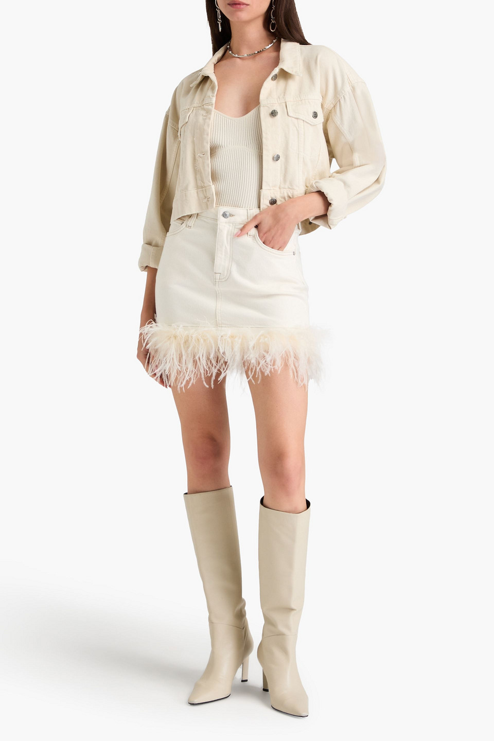 Shop Simkhai Federica Feather-trimmed Denim Mini Skirt In Ivory