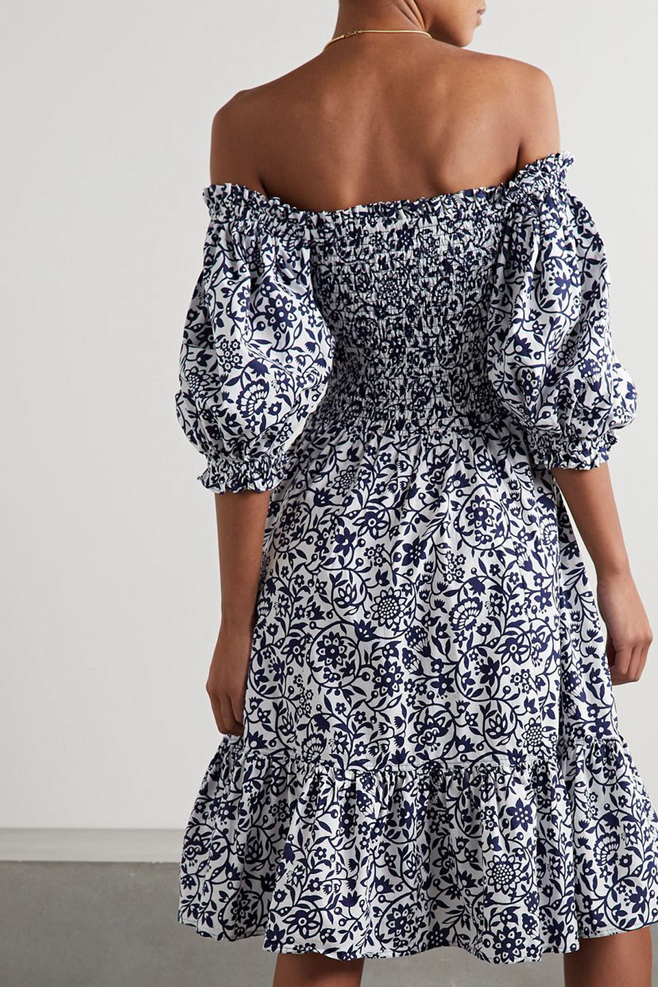 Polo Ralph Lauren Elery Off-the-shoulder Printed Cotton Midi Dress In Navy