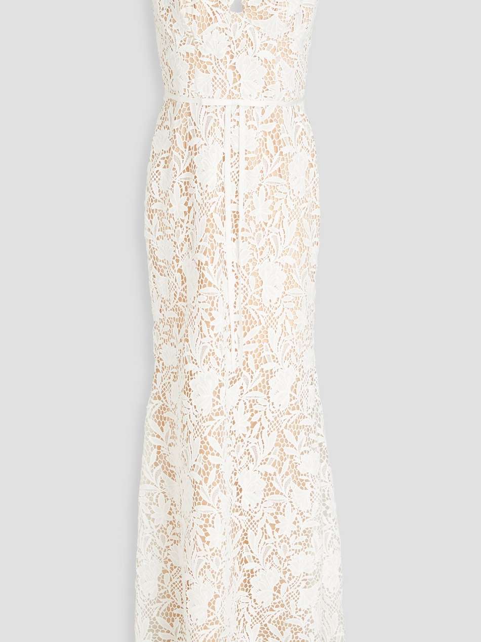satin-trimmed guipure lace and tulle gown