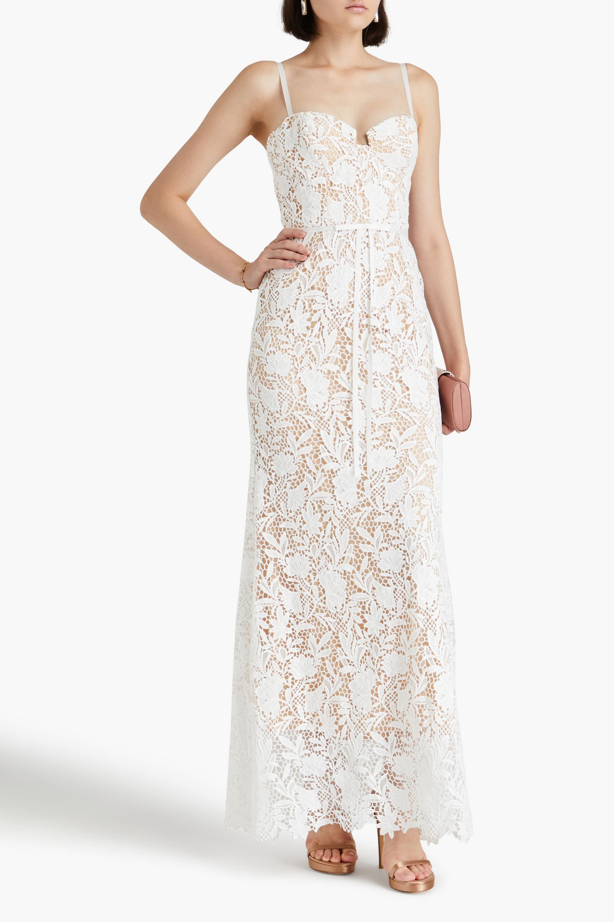 MARCHESA NOTTE Satin-trimmed guipure lace and tulle gown