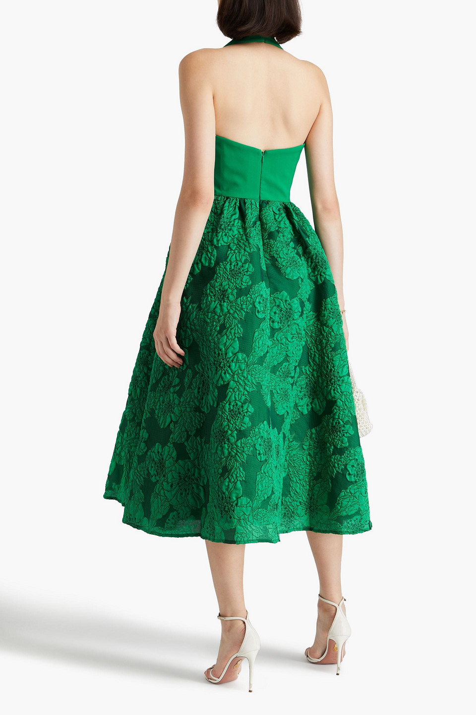 MARCHESA NOTTE CLOQUÉ AND CREPE HALTERNECK MIDI DRESS