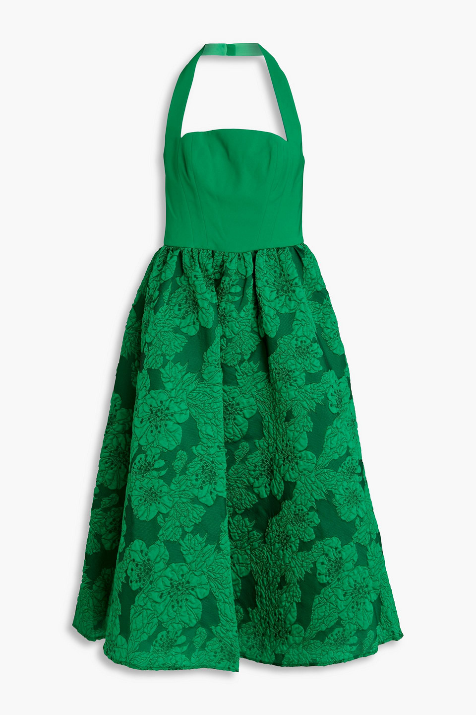 MARCHESA NOTTE CLOQUÉ AND CREPE HALTERNECK MIDI DRESS
