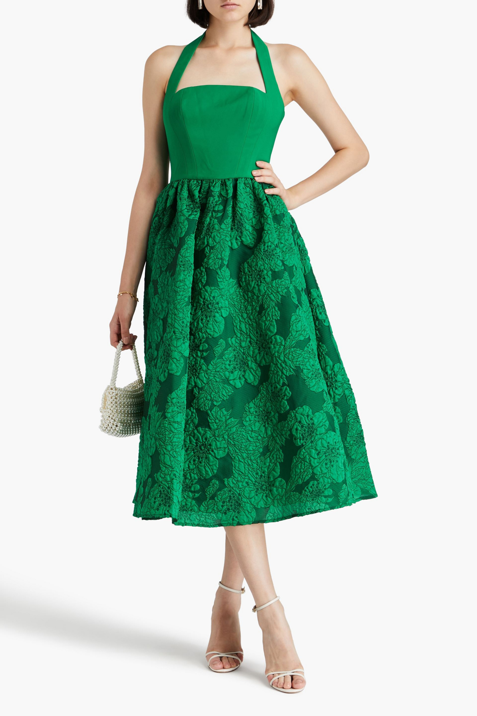 MARCHESA NOTTE Cloqué and crepe halterneck midi dress