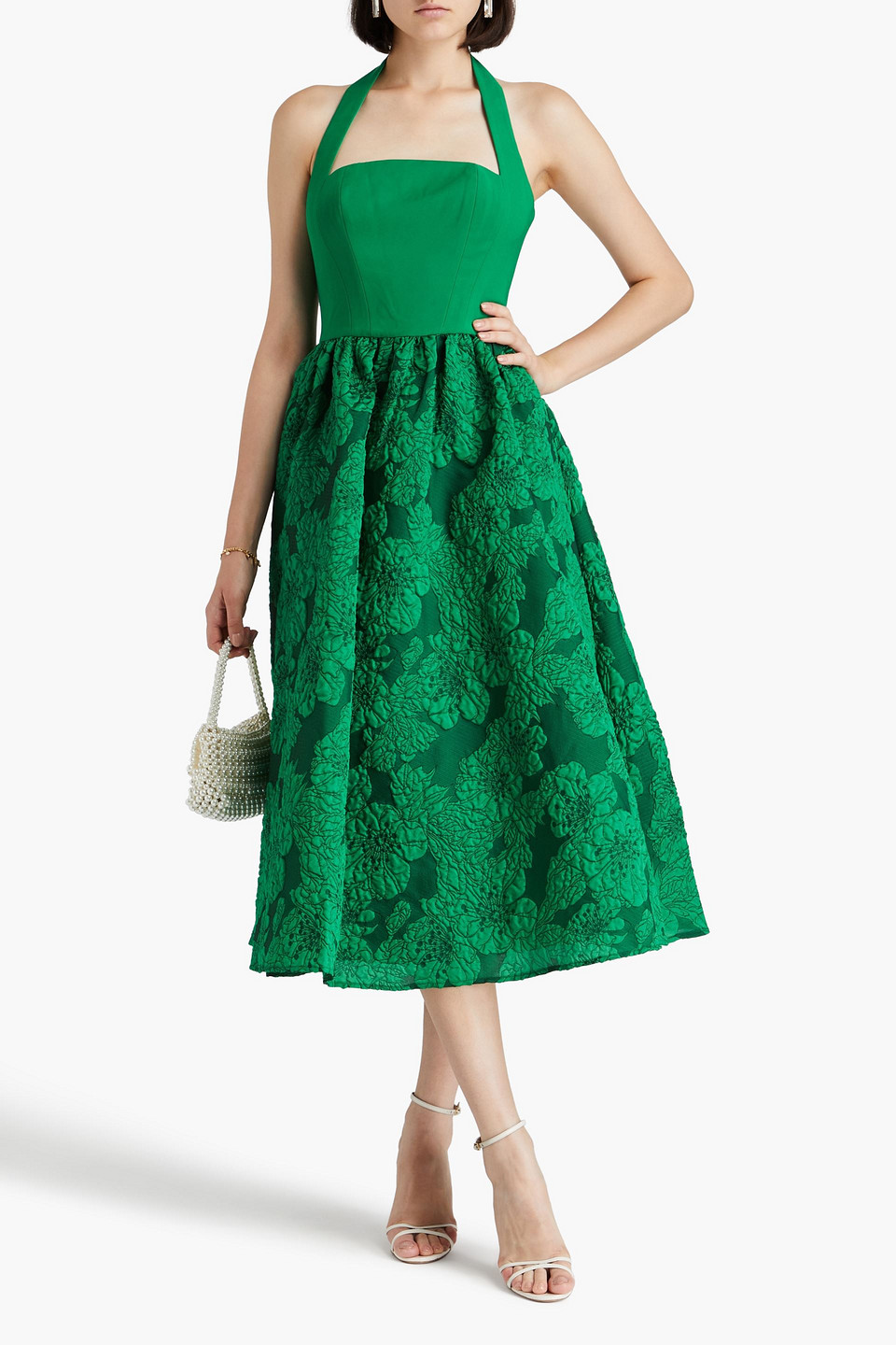 MARCHESA NOTTE CLOQUÉ AND CREPE HALTERNECK MIDI DRESS