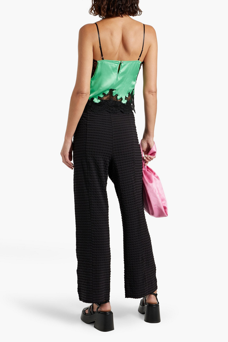 Ganni Cloqué Straight-leg Pants In Black