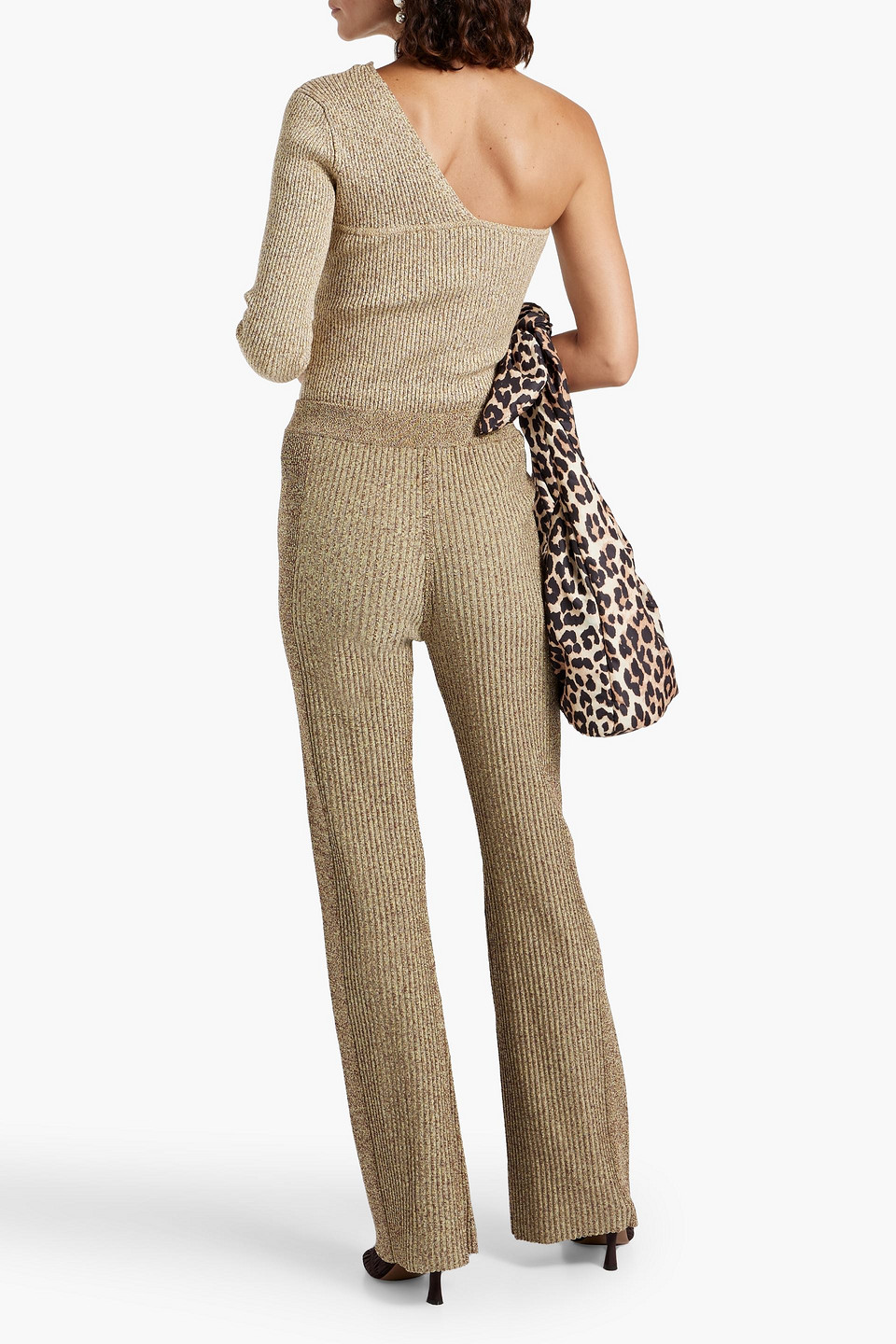 Ganni Mélange Ribbed-knit Flared Pants In Brown