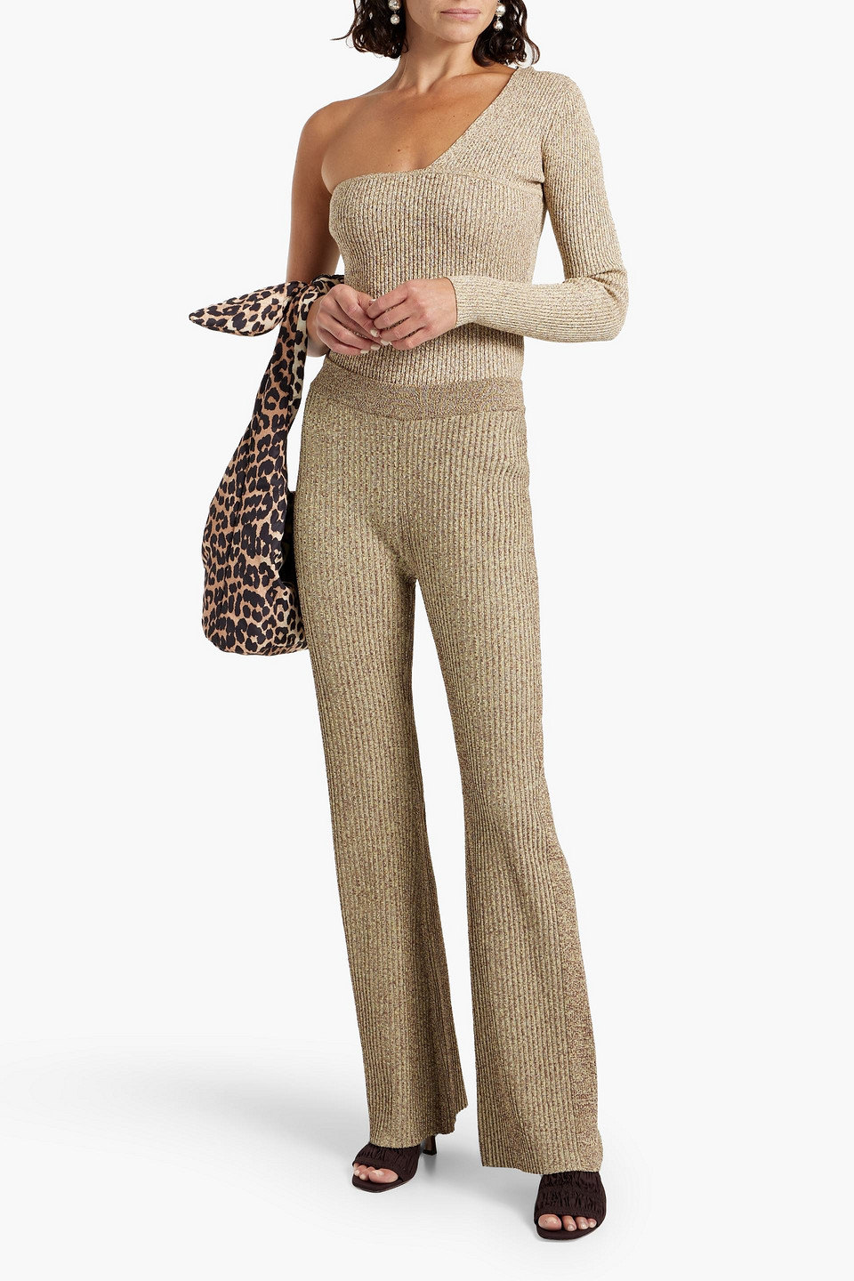 Ganni Mélange Ribbed-knit Flared Pants In Brown
