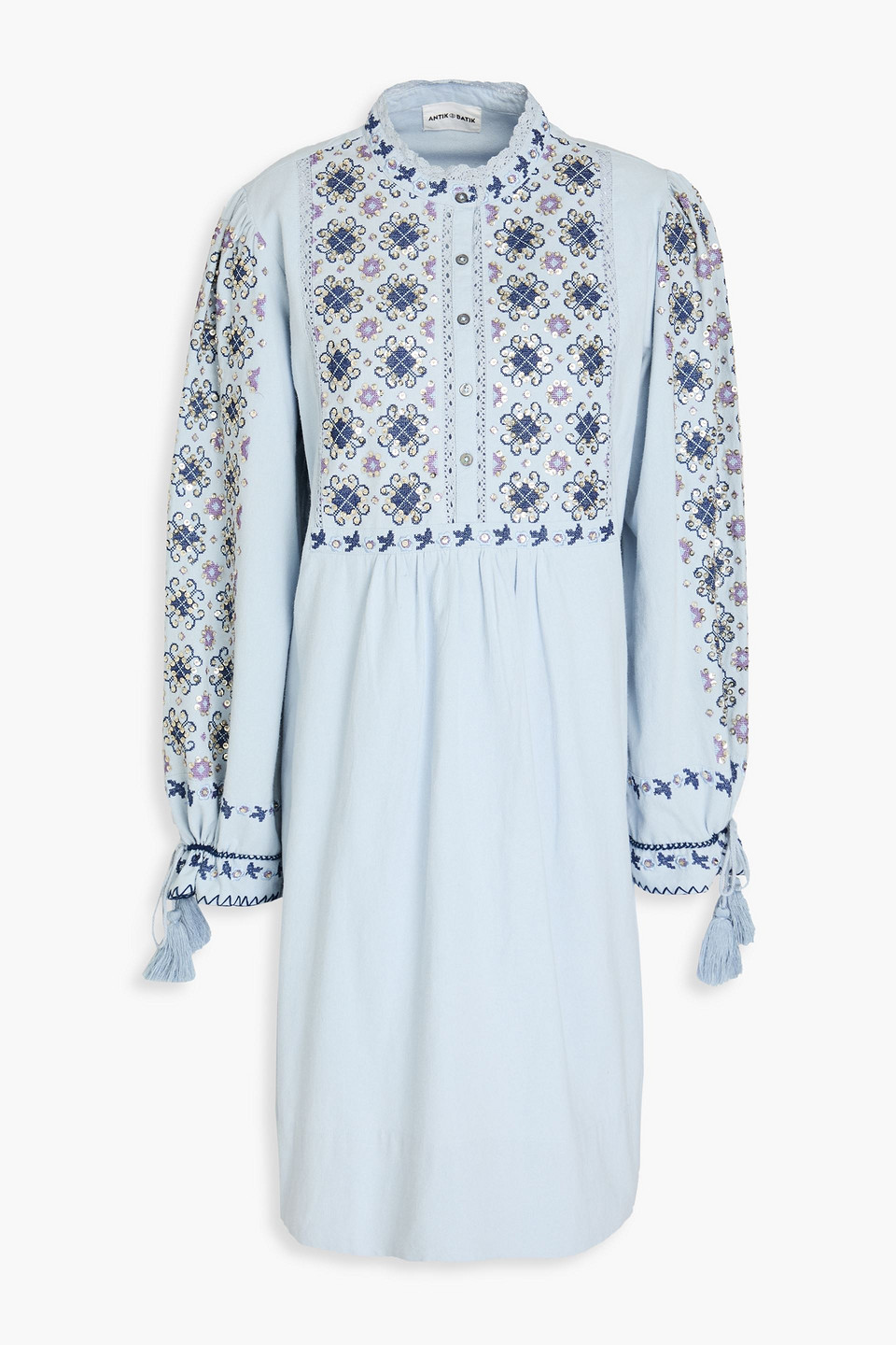 Antik Batik Joana Embellished Cotton Mini Dress In Light Blue