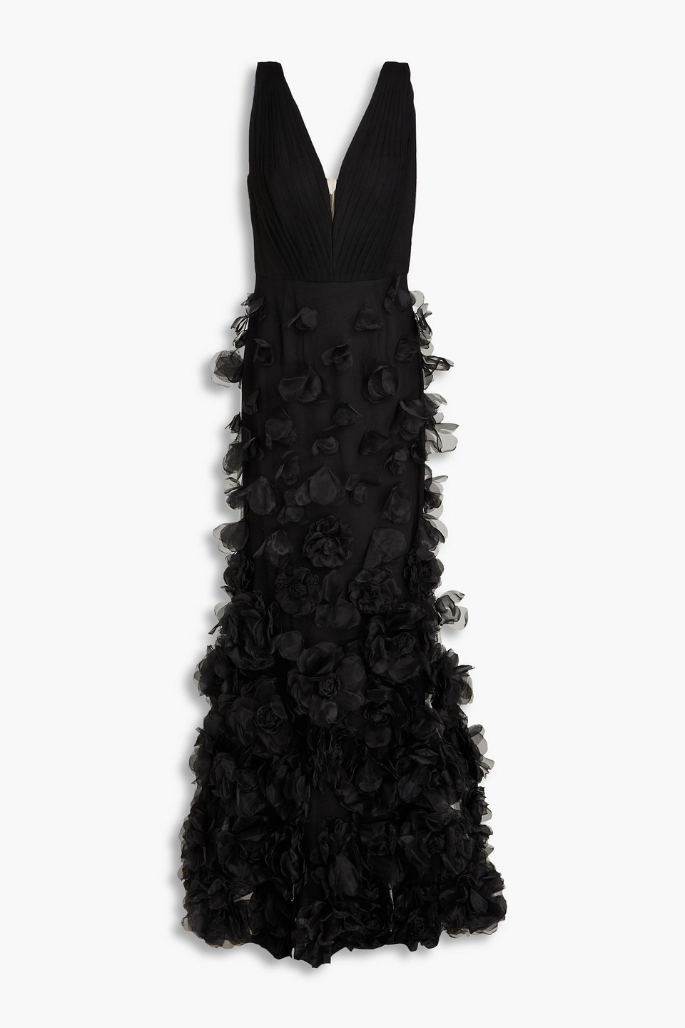 Marchesa Notte Appliquéd Pintucked Organza Gown In Black