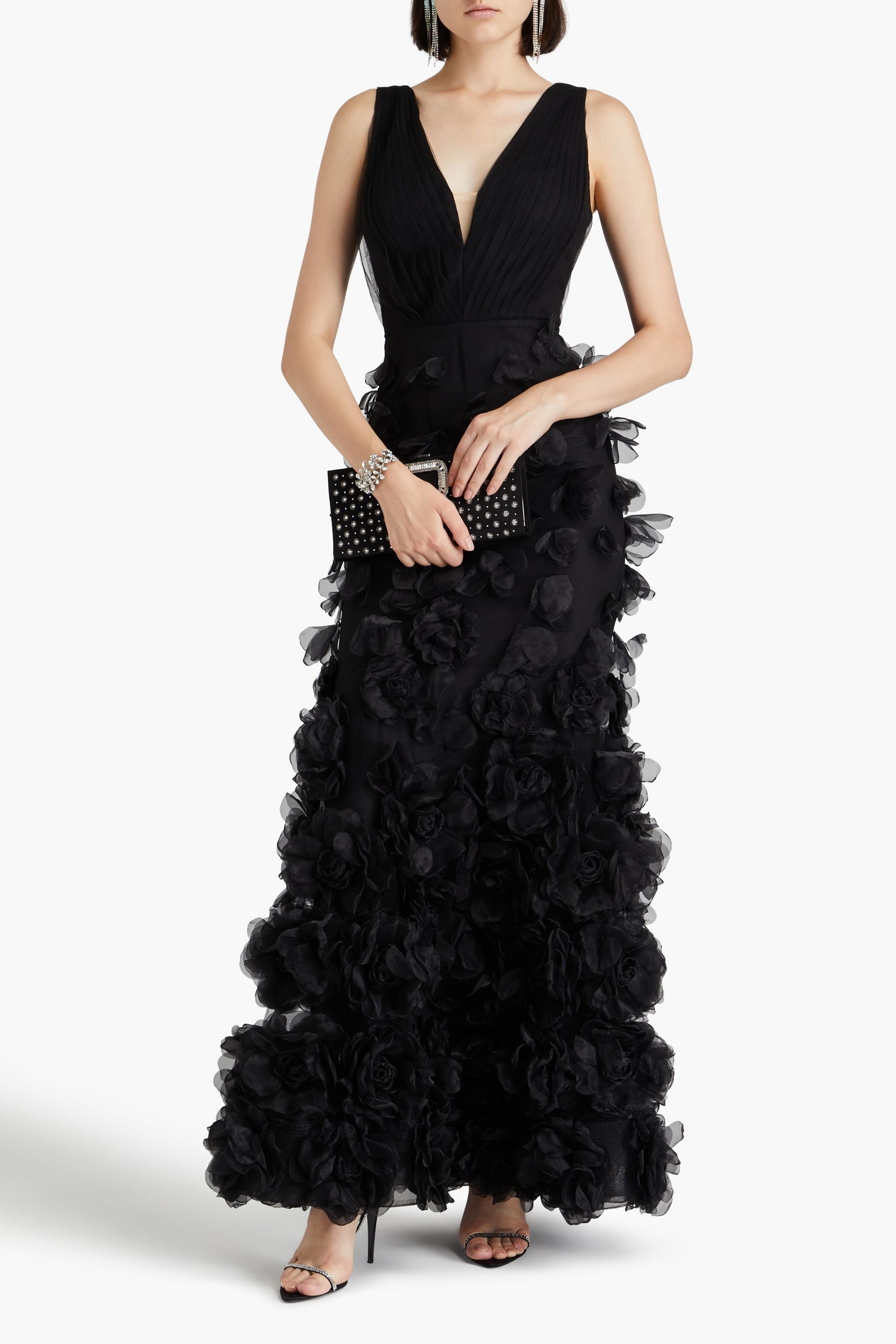MARCHESA NOTTE Appliquéd pintucked organza gown