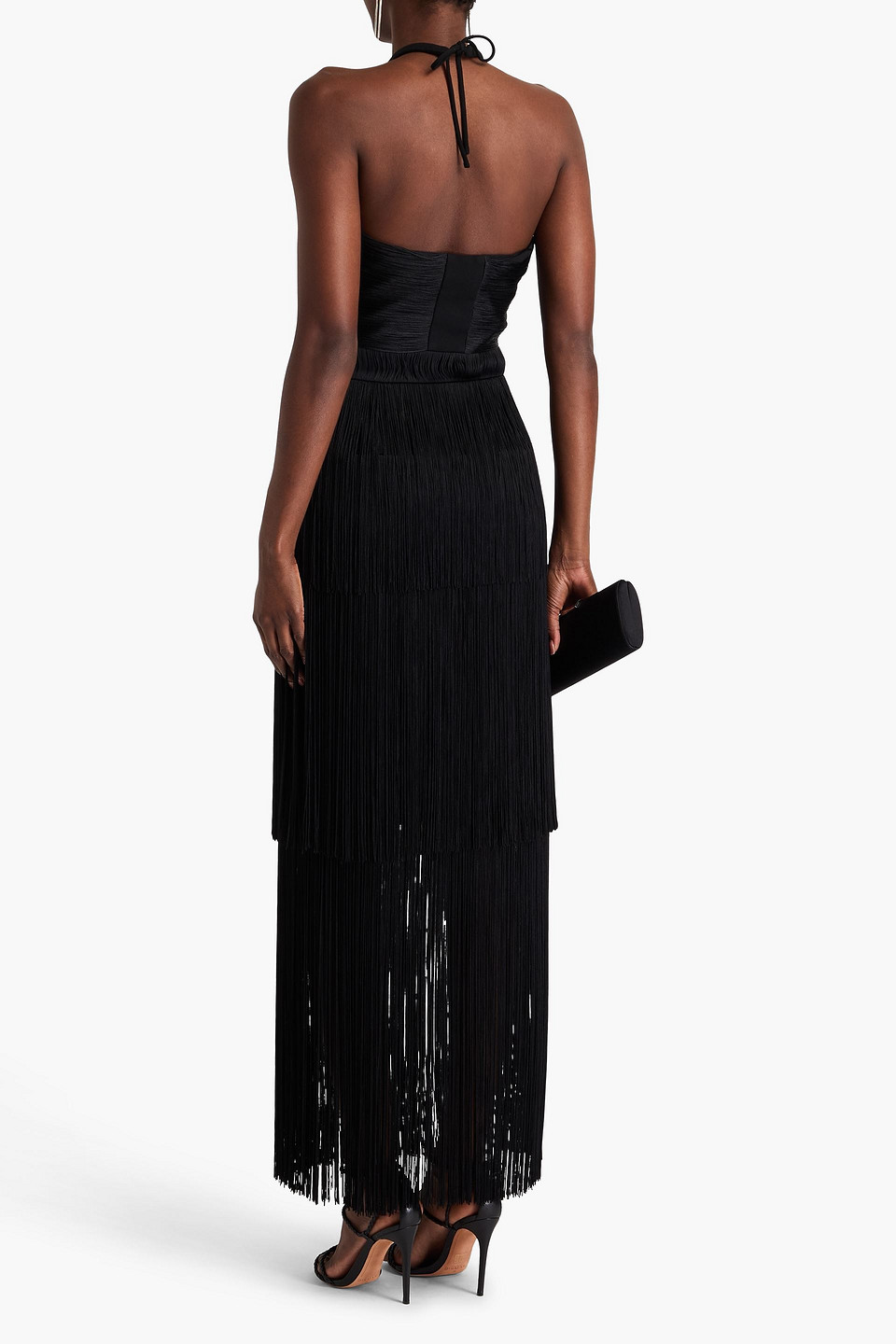 Simkhai Baldwin Fringed Draped Crepe Halterneck Maxi Dress In Black