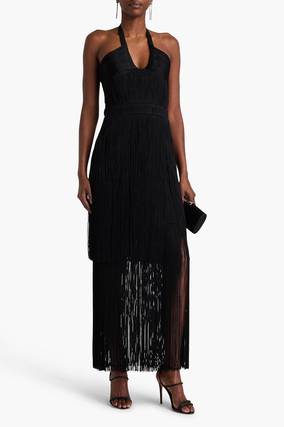 Simkhai Baldwin Fringed Draped Crepe Halterneck Maxi Dress In Black