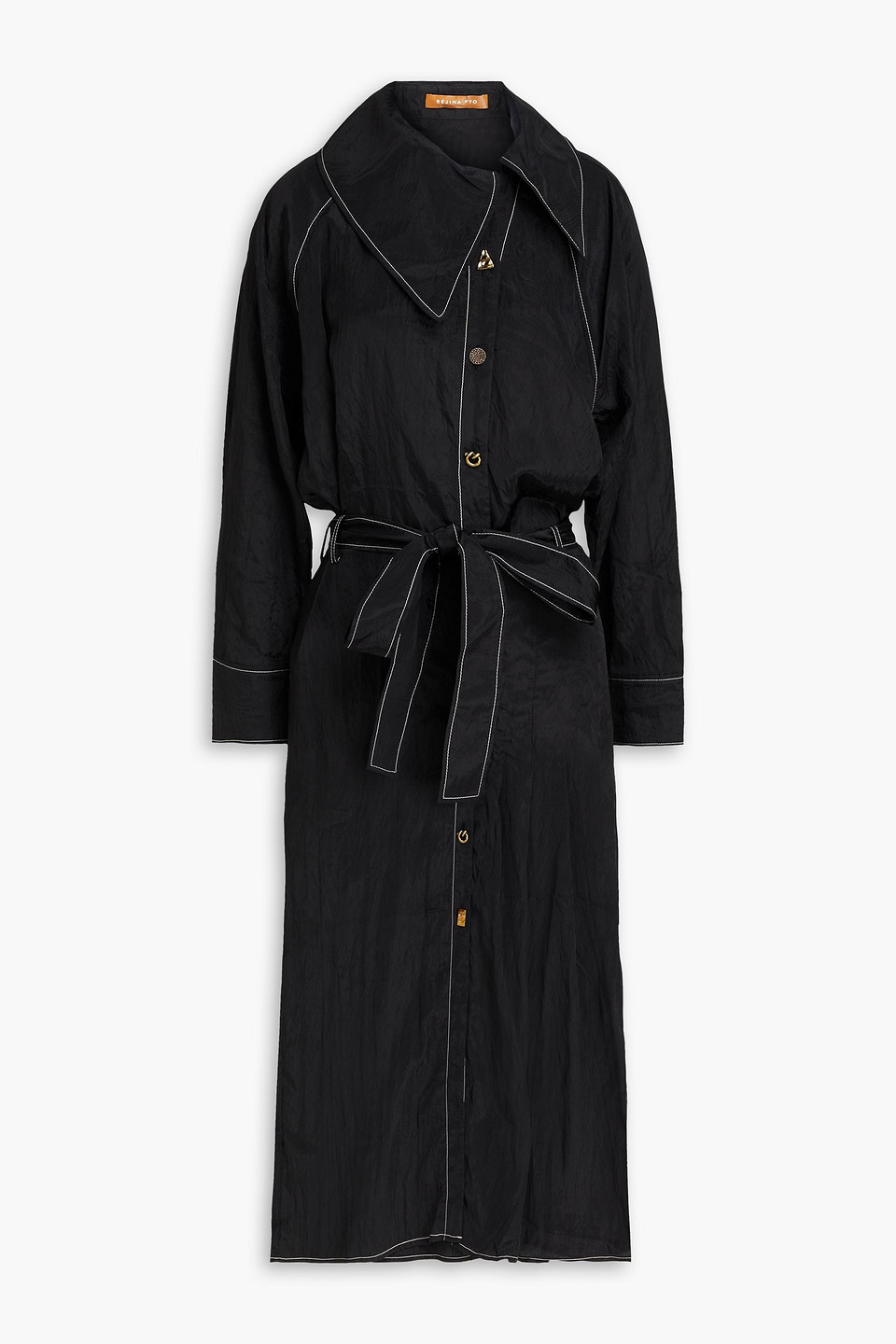 Rejina Pyo Thalia Topstitched Crinkled-crepe Midi Shirt Dress In Black