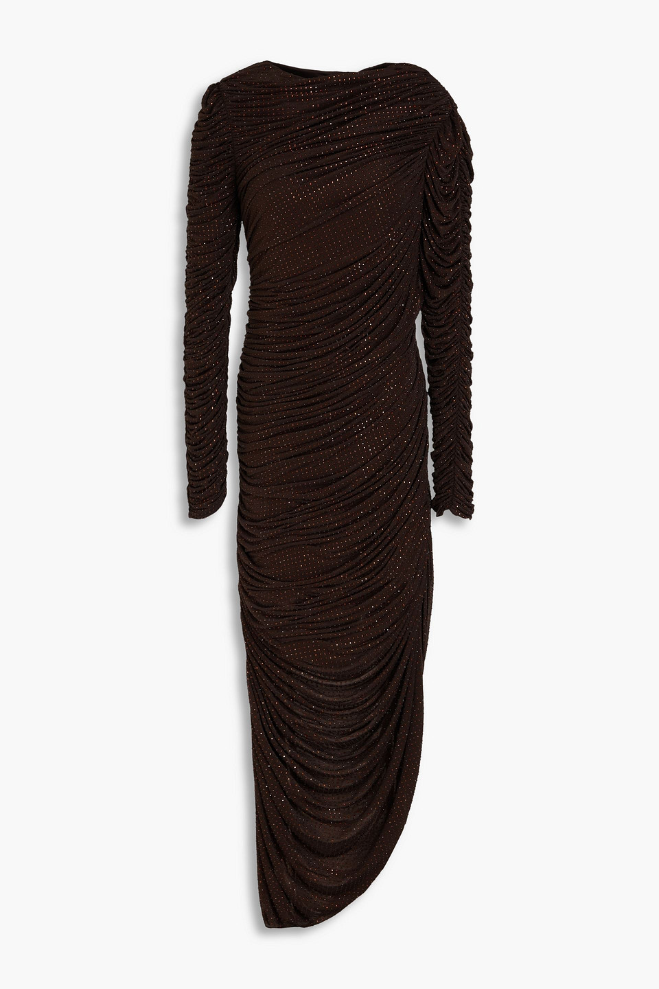 Simkhai Sanders Crystal-embellished Ruched Jersey Maxi Dress In Chocolate