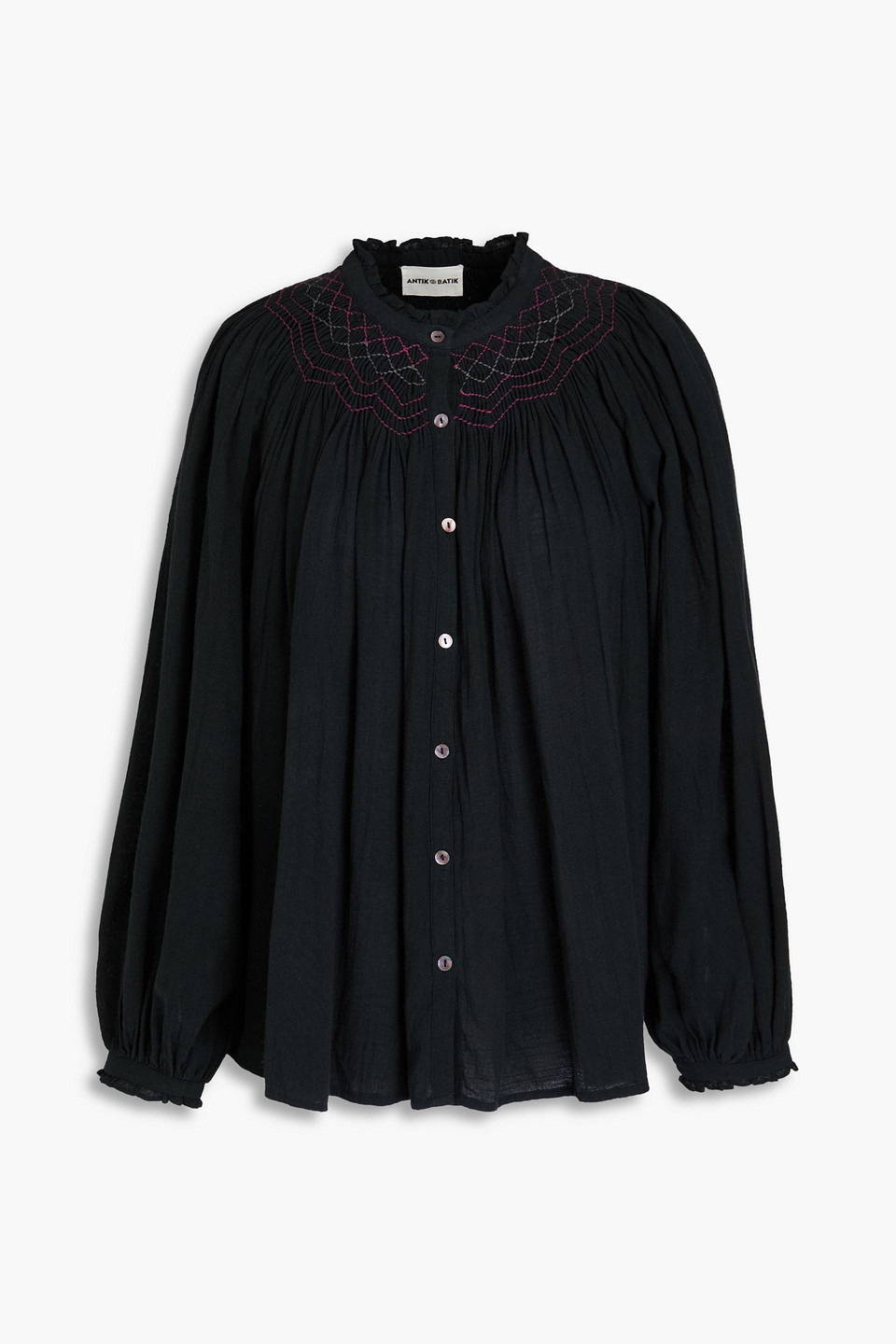 Antik Batik Daya Smocked Cotton-gauze Blouse In Black