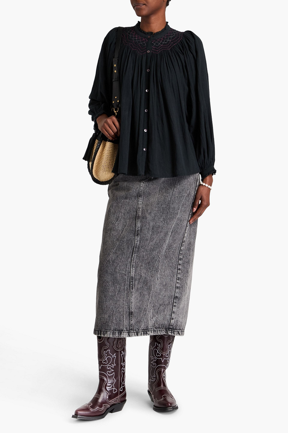 Antik Batik Daya Smocked Cotton-gauze Blouse In Black