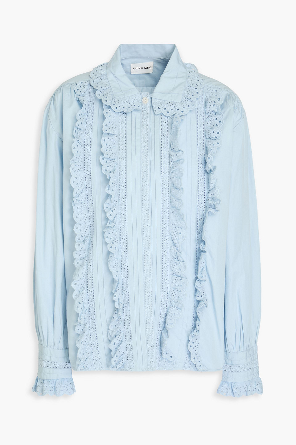 Antik Batik Diane Ruffled Broderie Anglaise-trimmed Cotton-poplin Blouse In Light Blue