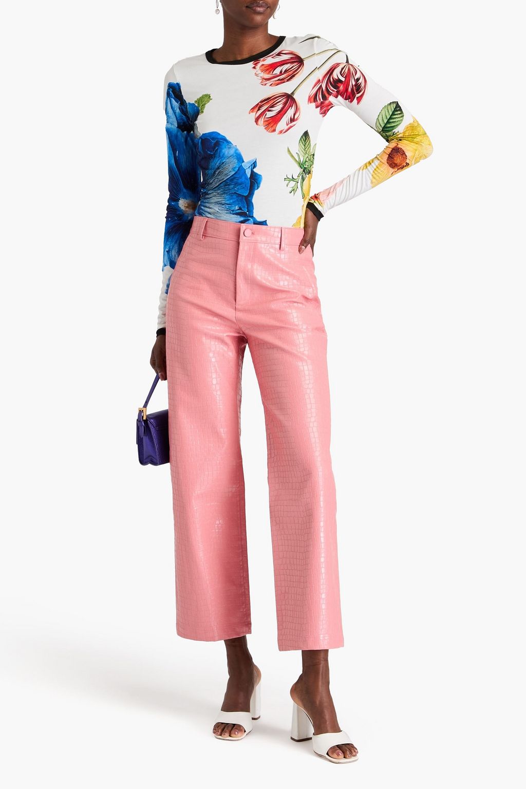 ALICE + OLIVIA 크로커다일 이펙트 인조 가죽 스트레이트 레그 팬츠