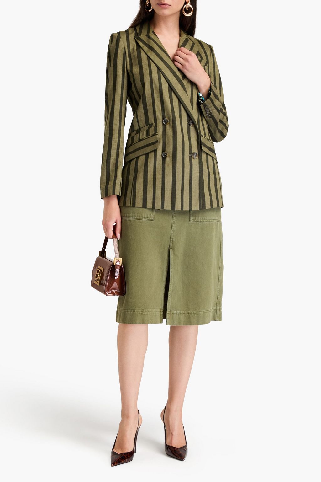 DIANE VON FURSTENBERG بليزر Madison من مزيج الكتّان والقطن بتصميم مخطط وبصفين من الأزرار