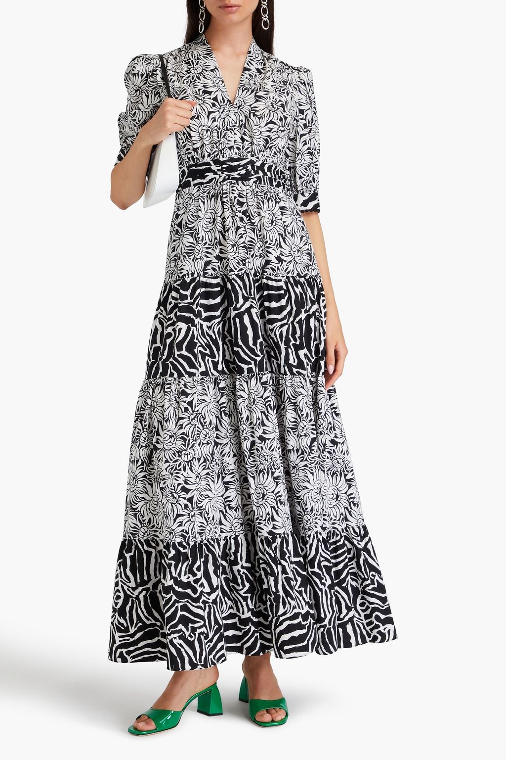 DIANE VON FURSTENBERG 플로럴 프린트 스트레치 코튼 혼방 티어드 맥시 드레스